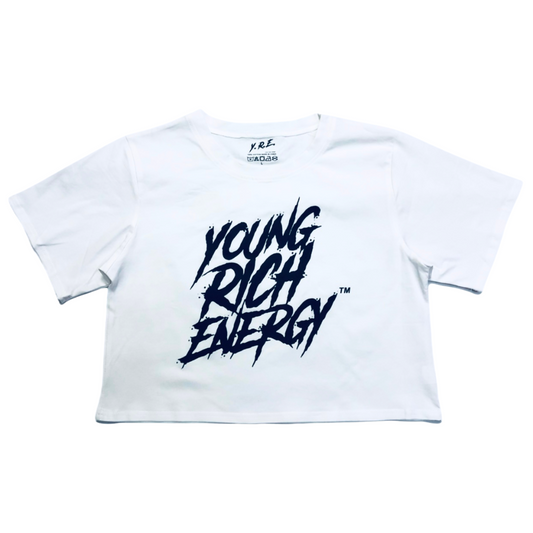 Ladies Young Rich Energy Fitted Crop Top (White)